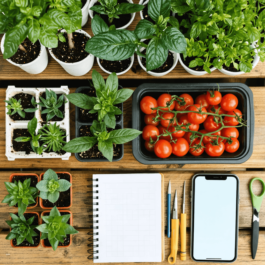 Seedlings, notebook, and phone on a garden table