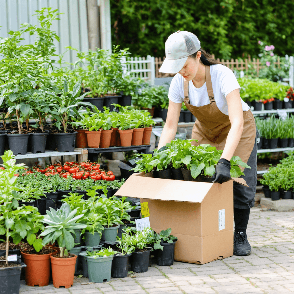 A grower packing plants into a shipping box