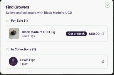 Find Growers popup showing sellers with the plant for sale and collectors who grow it
