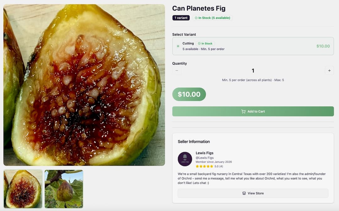 Individual listing page with variant selection, pricing, and seller information