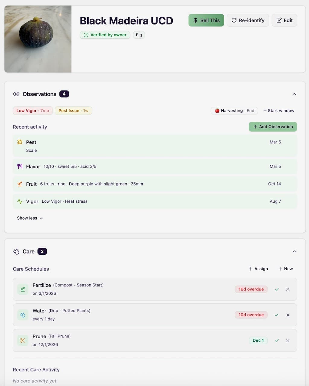 Plant detail page showing observations timeline and care schedules