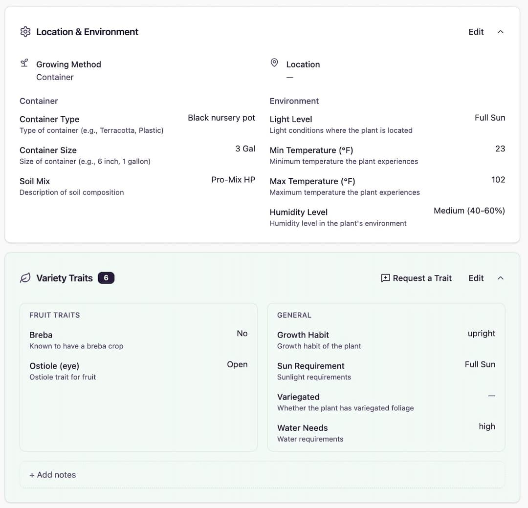 Plant detail page showing location, environment, and variety traits