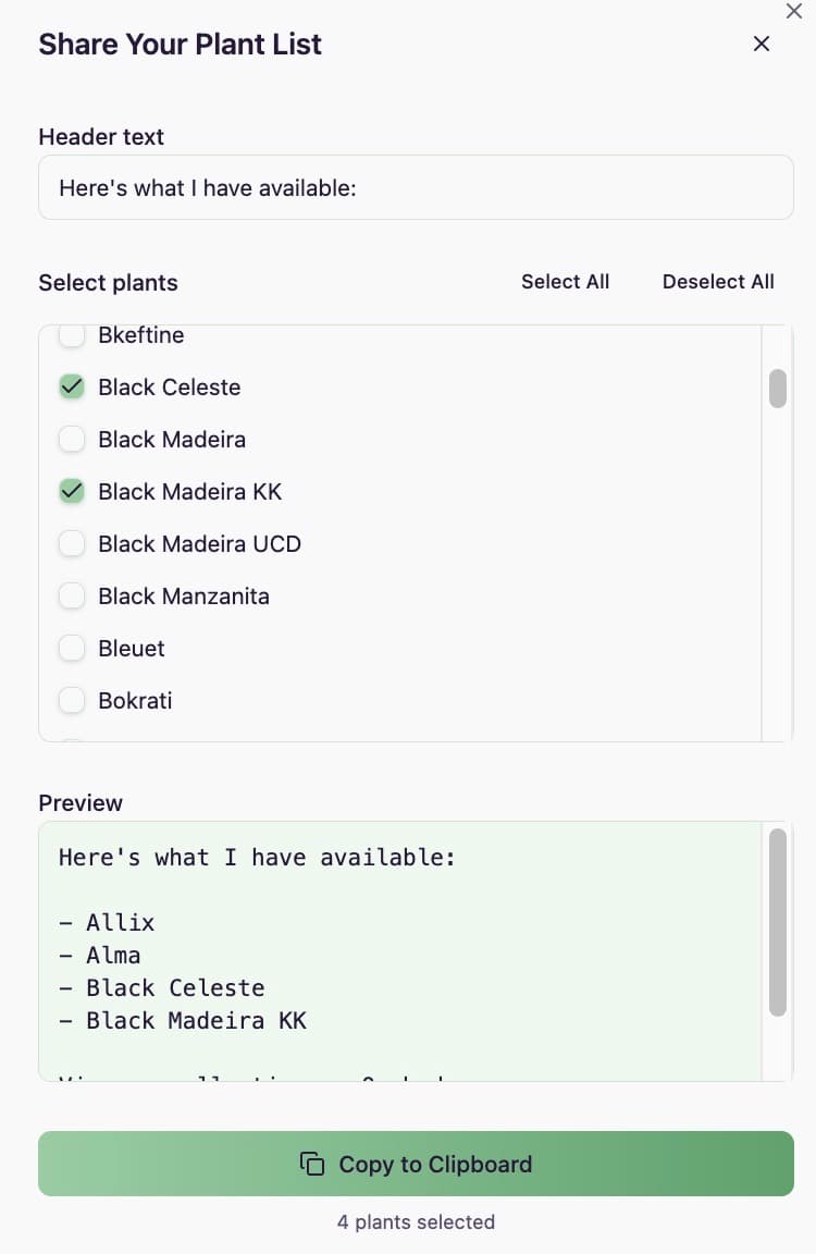 Share Your Plant List dialog with plant selection and clipboard preview