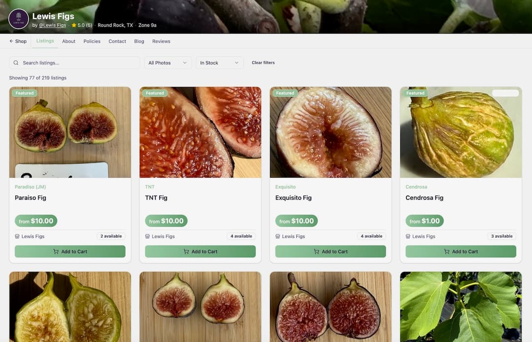 Public storefront page showing featured listings with prices and availability